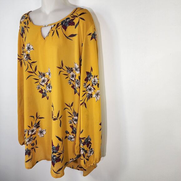 Torrid Womens Top Size 3X Yellow Floral Georgette Keyhole Blouse Long Sleeve - Picture 5 of 9